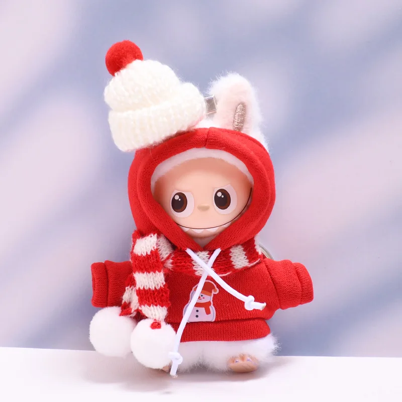 Nieuwe kerstoutfit voor 10 cm 4e generatie Mini LABUBU Pin For Love Series Sneeuwpop-thema Hoodie met muts en sjaal Set Feestelijke stijl