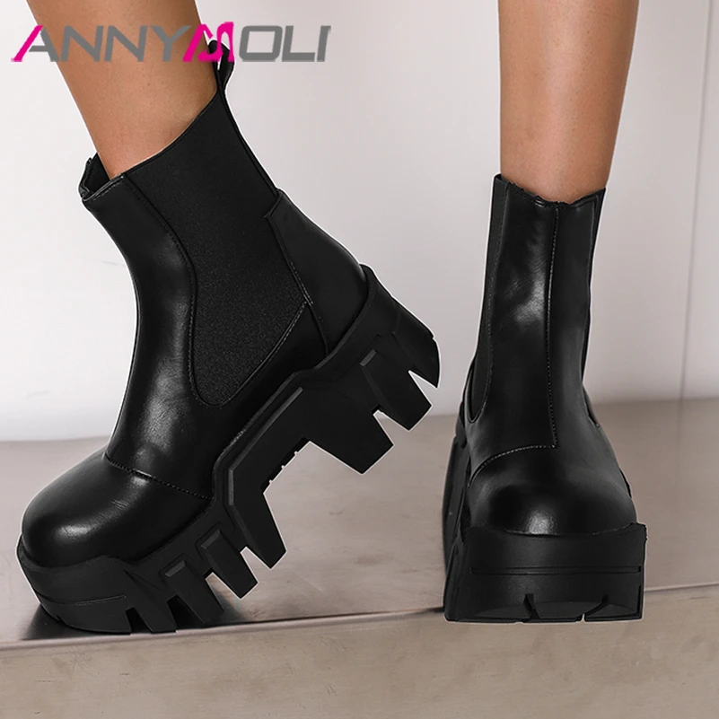 ANNYMOLI Women Ankle Short Boots Round Toe Platform Thick High Heels Chelsea Boots Concise Ladies Fashion Winter Shoes Black 44