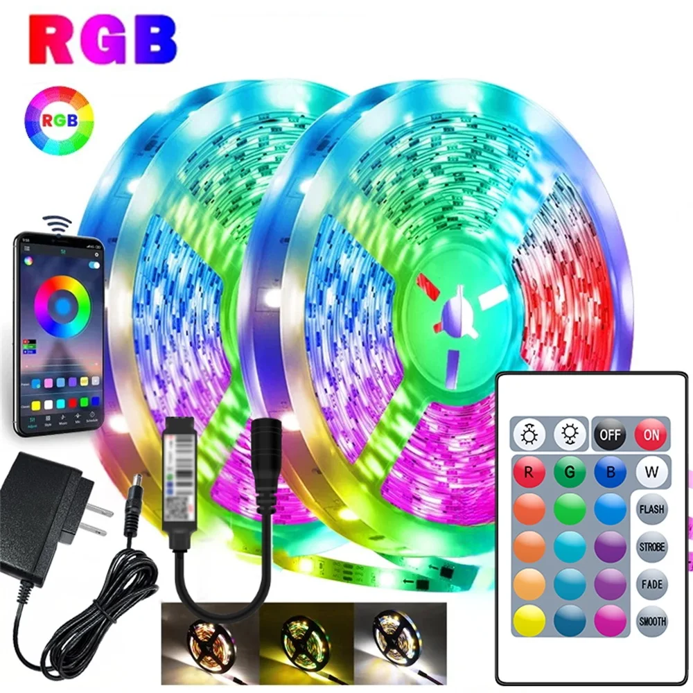 RGB LED Light Strip para quarto, 30LEDs por m, 5050, Bluetooth App Control, 12V DC, Fonte de Alimentação dos EUA, Fita Flexível, Fita de Diodo para TV Backlight, Quarto