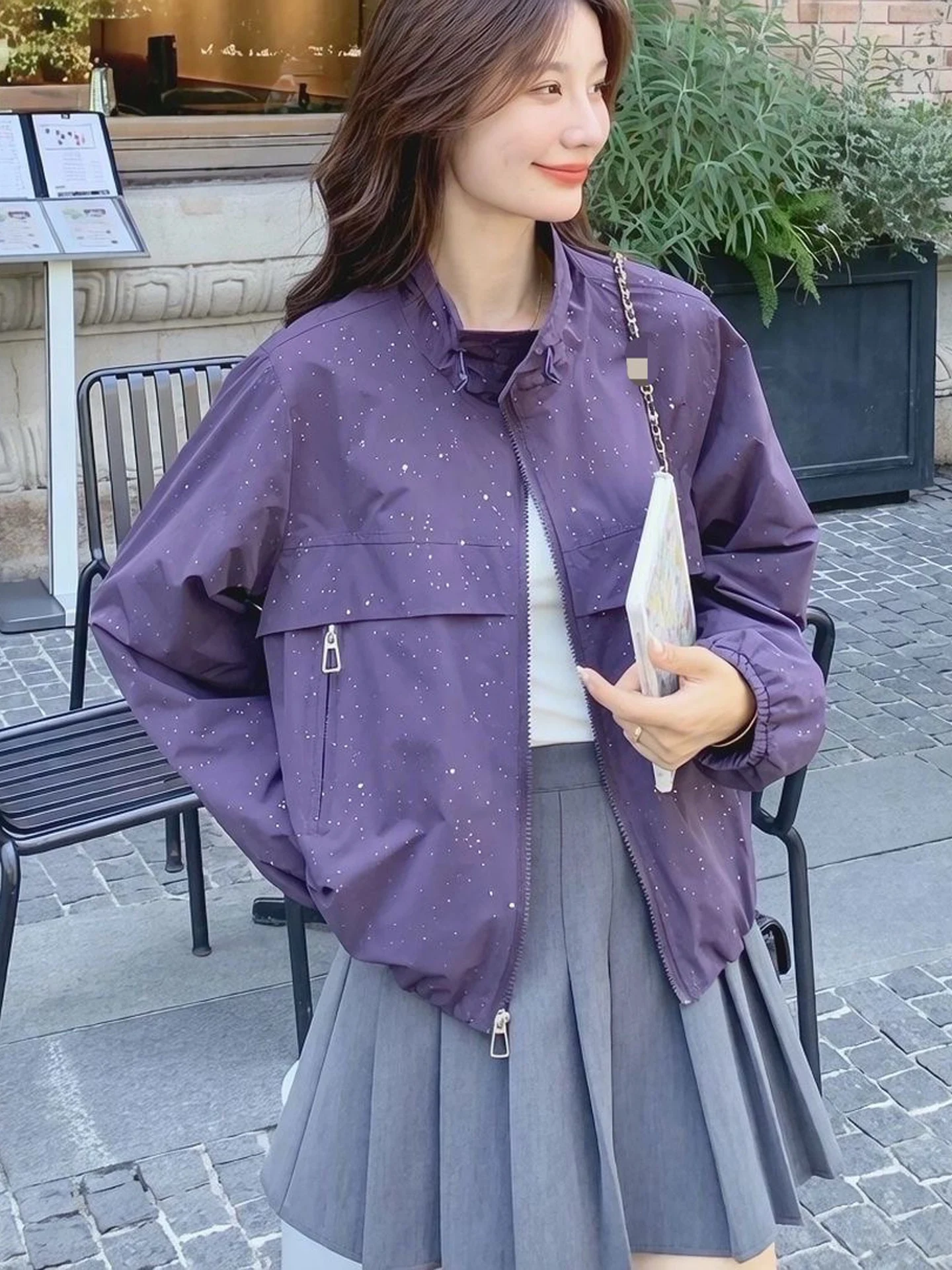 Purple Stand Collar Design Sensation  Star Jacket Women's Casual Anti-Aging Korean Style Short Outerwear Autumn New Arrival