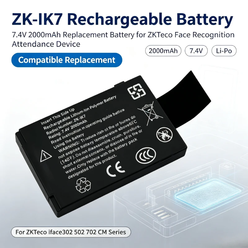 ZK-IK7 7.4V 2000mAh Battery For ZKTeco Iface302 502 702 CM Series Face Recognition Attendance Device