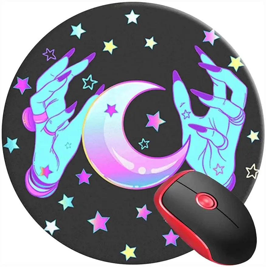 Witch Round Gaming Mouse Mat Blue Witch Hands Moon Non-Slip Rubber Base Mousepad for Laptop Computer PC Office Home Gifts
