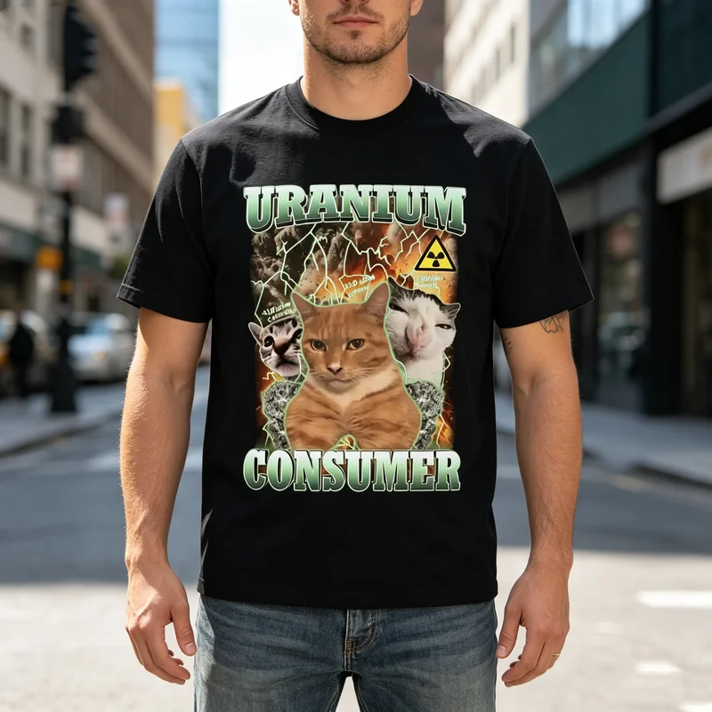 T-shirt humoristique avec motif de chat, imprimé Uranium Consumer, en coton, à manches courtes, Streetwear Y2k Harajuku, surdimensionné, pour hommes et femmes