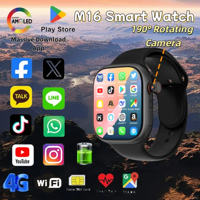 Nouvelle montre intelligente M16 S11 carte SIM 2.06 ''écran AMOLED GPS WIFI 190 ° Caméra rotative appel vidéo Google Play Android Smartwatch