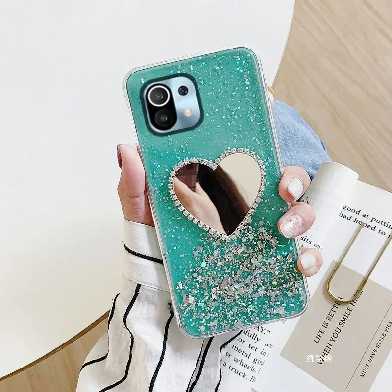 Glitter Case For Xiaomi Poco X3 M3 Pro X3 NFC F3 Redmi 12 12C 10C 9T 10A A1 Note 8 Pro 8T A2 9A 7 Epoxy Heart Mirror Cover