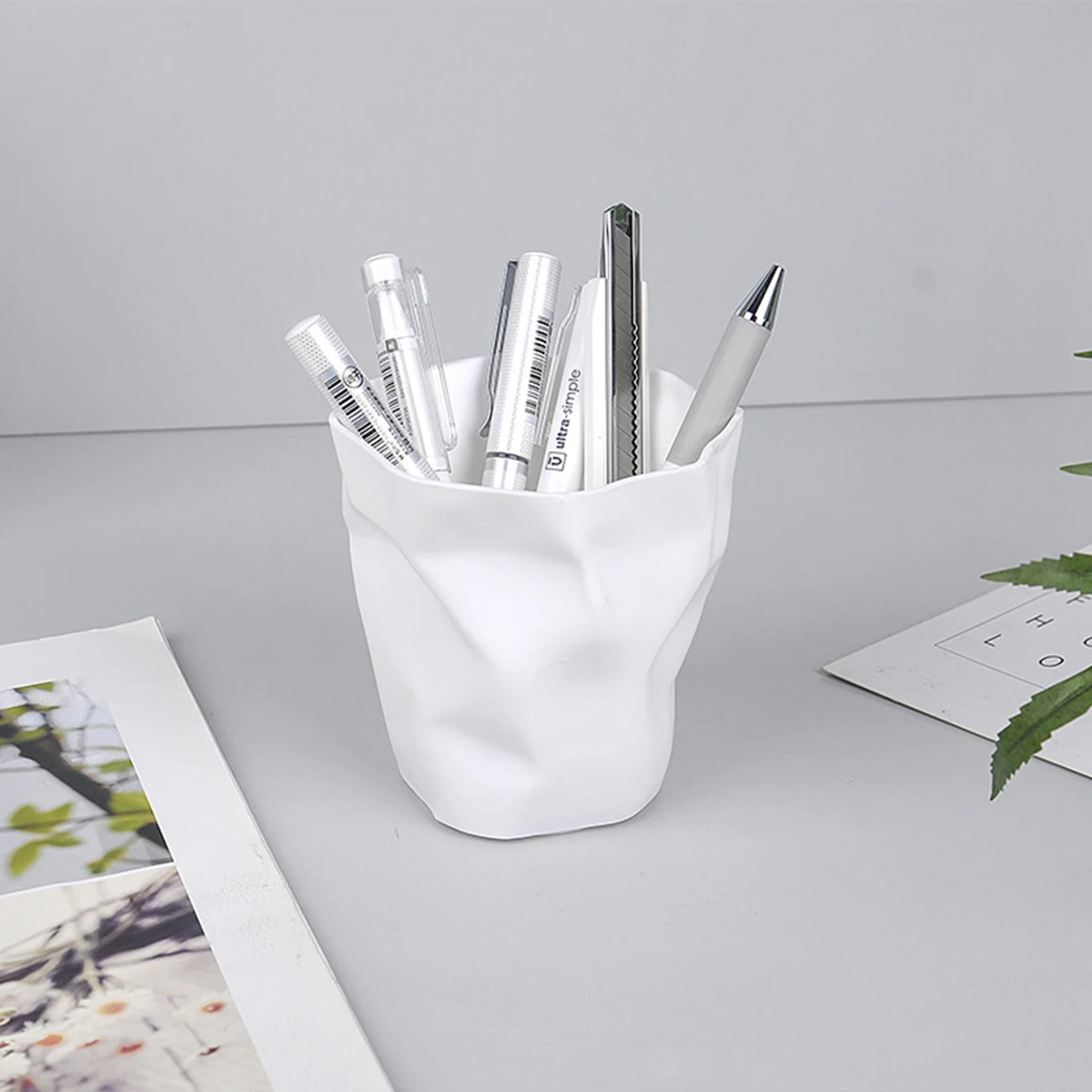 White Crinkle Paper Bag Style Pen Holder, Minimalist Desktop Organizer for Pens, Makeup Brushes, Office & Home