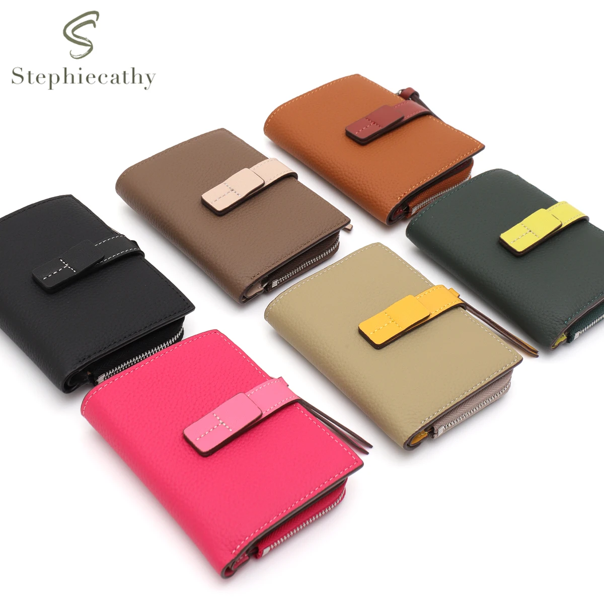 SC Women Fashion Real Leather Bifold Short Wallet Contrast Color Multi Pockets Card Holder Zip Pocket Cash Slot Coin Purse Daily