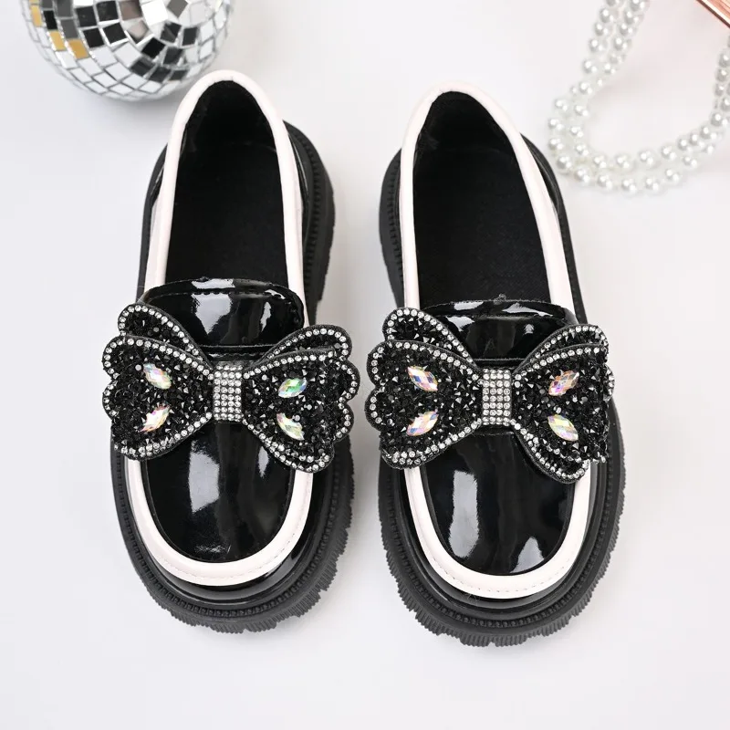Girls Princess Flat Shoes Shiny Bows Kids Leather Shoes Soft Bottom 2026 New Fashion Children Casual Shoes Round Toes