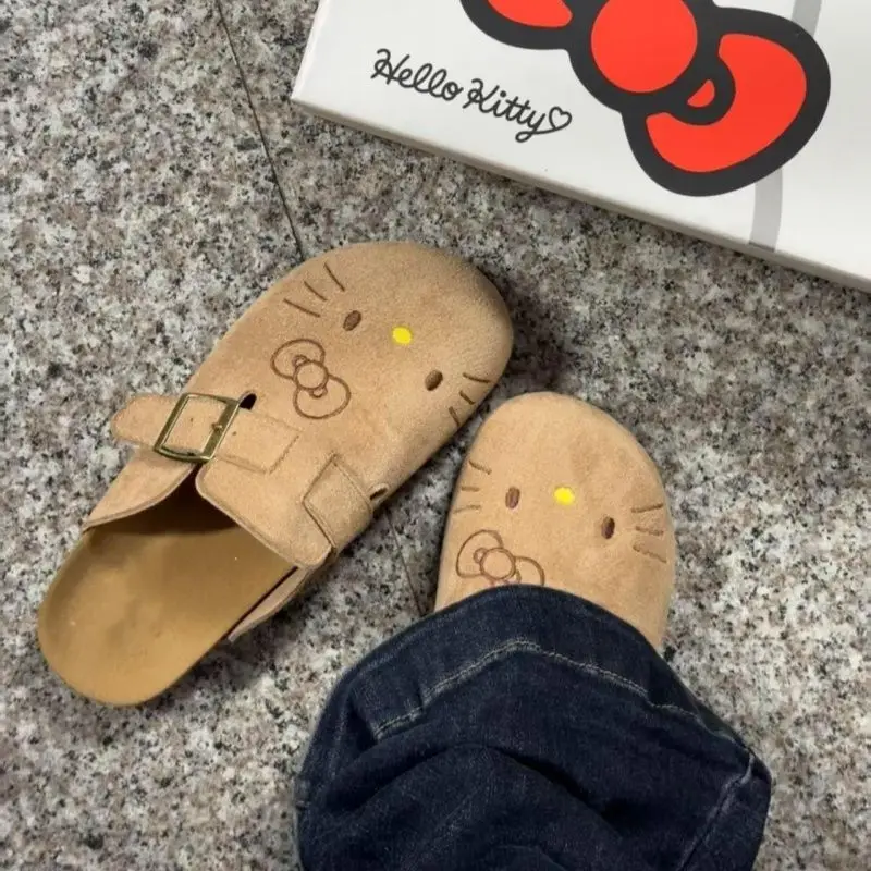 Pantoufles Hello Kitty pour femmes, sandales en cuir à la mode pour femmes, chaussures plates confortables décontractées pour printemps et automne, chaussures de plage antidérapantes