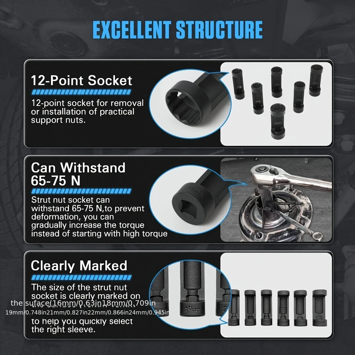 6 Piece Suspension Strut Nut Socket Set 16MM18MM 19MM 21MM 22MM 24MM,VM #:3353,1/2\