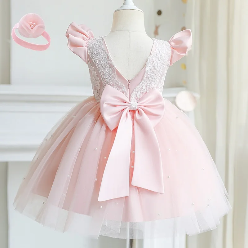 Infant Baby Girl Princess Dress V-Back Bow Tulle Tutu Vestidos Flower Girl Wedding Party Prom Gown Formal Ceremony Lace Dresses