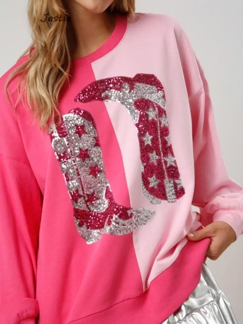 Boots Pattern Sequin Women Sweatshirt Fashion Long Sleeve Versatile Top Pullover 2024 New Spring Autumn Sweatshirt Tops