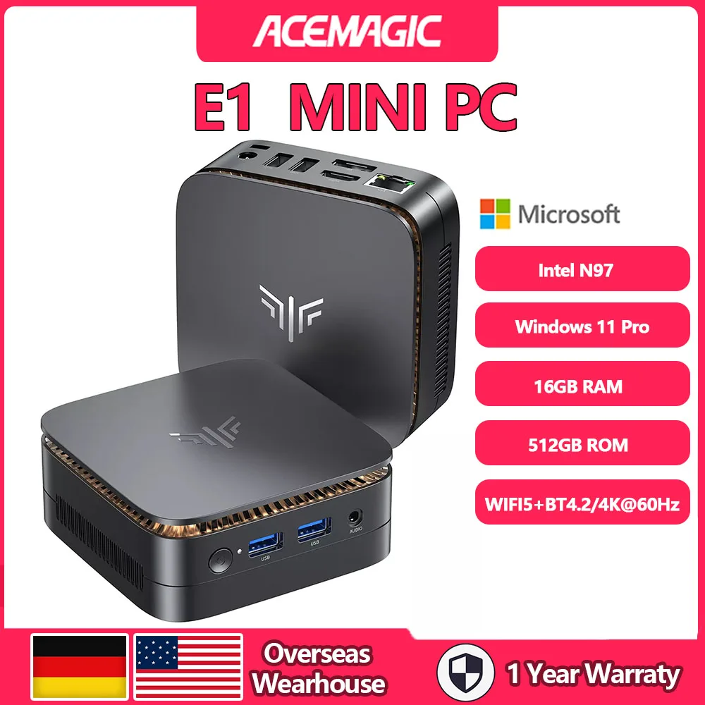 ACEMAGIC E1 Ιntel Alder Lake-N97 Mini PC 16GB DDR4 GB SSD Mini Computer/2.4 + 5G WiFi/BT4.2 4K @ 60Hz UHD Desktop PC for Office