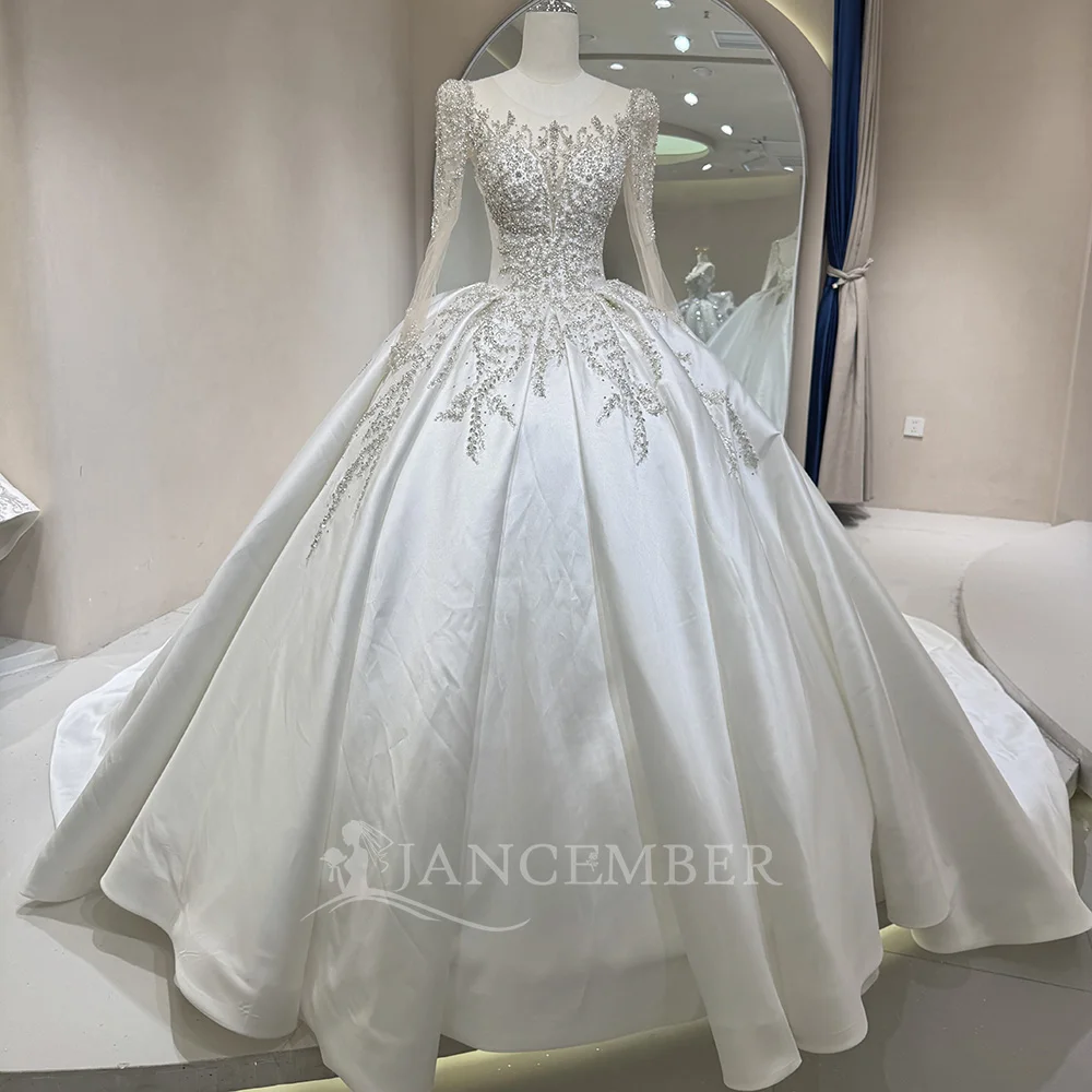 

Superfine Customized Luxury Wedding Dresses Sequined Ball Gown Long Sleeves Satin Floor Length Bridal Gown свадебное п