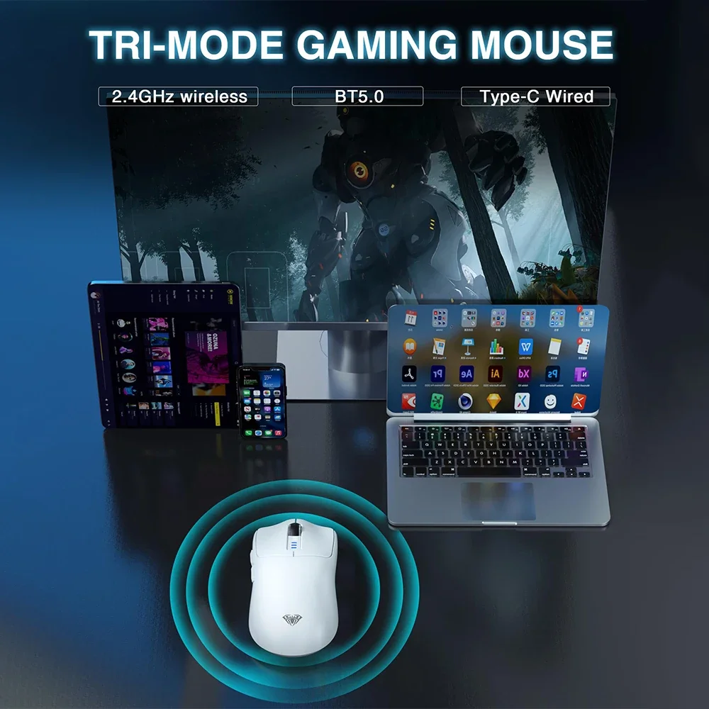 AULA SC580 Gaming Mouse Tri-Mode 2.4G/BT5/USB-C 10000 DPI Rechargeable Wireless Mouse With 6 Programmable Buttons For Laptop/PC