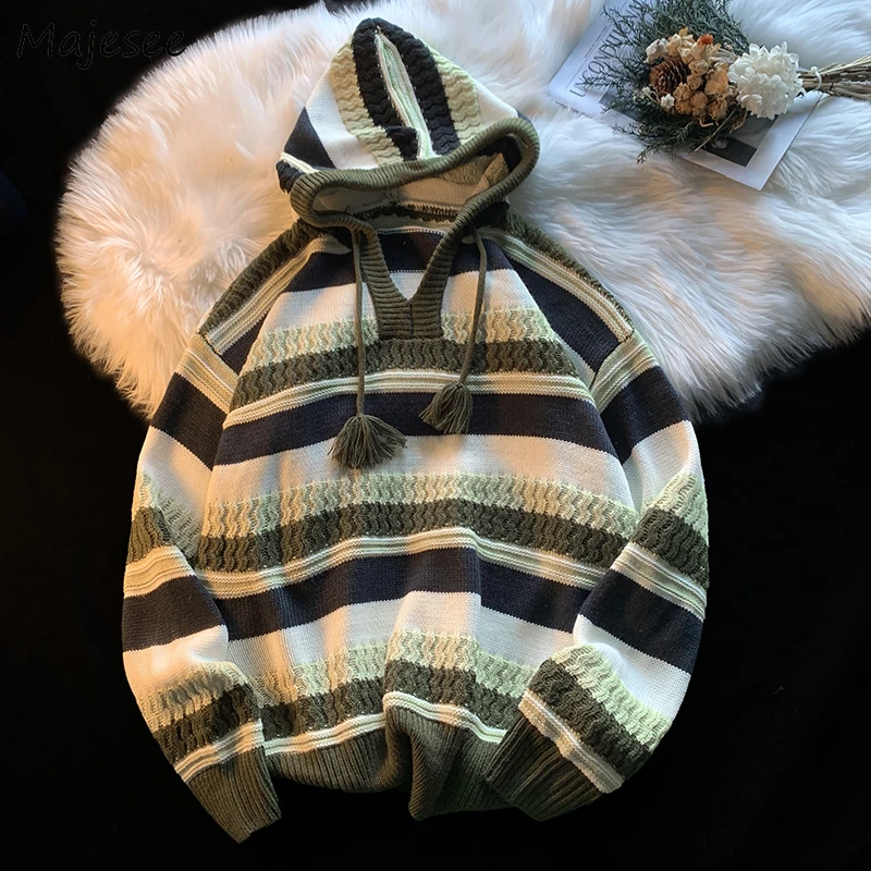 Hooded Sweater Pullovers Men Knitted Thermal Striped Jacquard Autumn Winter Couples Jumpers Ulzzang Teens Baggy Unisex Knitwear