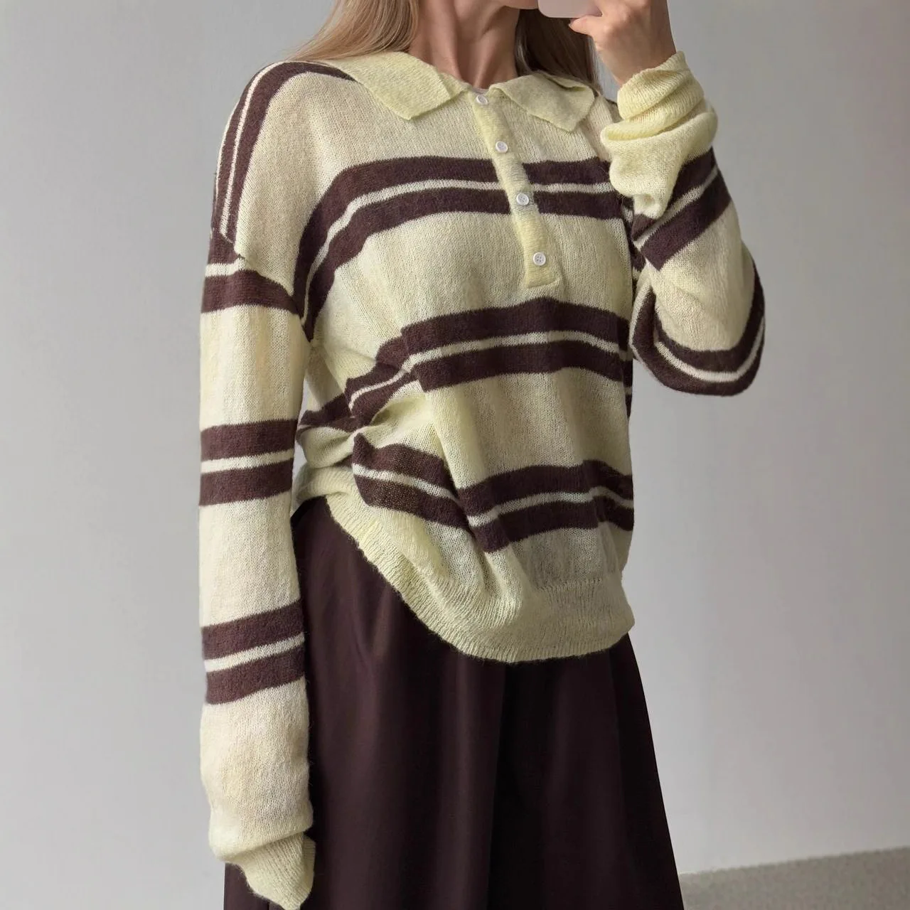 

2025 Striped Knitted Polo Shirt with A Lapel and Pullover Sweater Loose and Casual New Style for Women