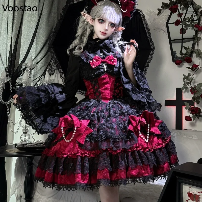 Victorian Gothic Lolita Jsk Dress Women Sweet Bow Lace Ruffle