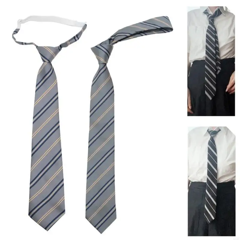 Gray Striped Neck Tie School Uniform Pre-Tied Necktie Japanese College Bowtie 