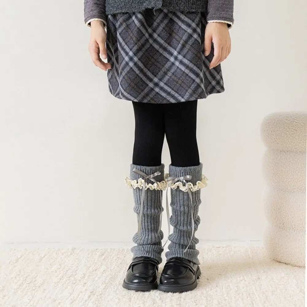 Fashion Lace Trim Girls Sock Cuffs Elastic Bow Decor Leg Warmers Soft Fabric Thick Warm Slouch Socks Autumn Winter