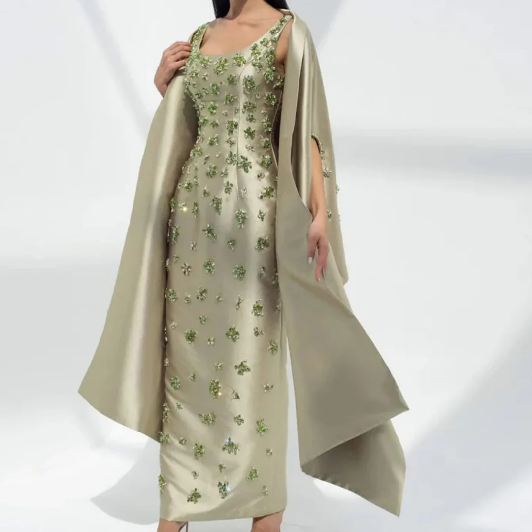 

Elegant Scoop Neck Cloak Column Kuwait Saudi Arabric Angelika Sparkly Rhinestones Prom Dresses for Women Customized