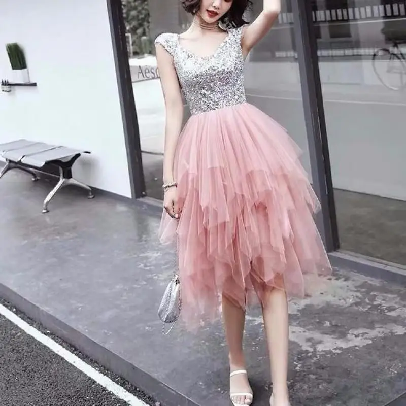 

Fashion Sequin Tulle Short Evening Dresses Classic V-neck Vestido De Noche New Simple Sleeveless Suknie Wieczorowe Custom Size