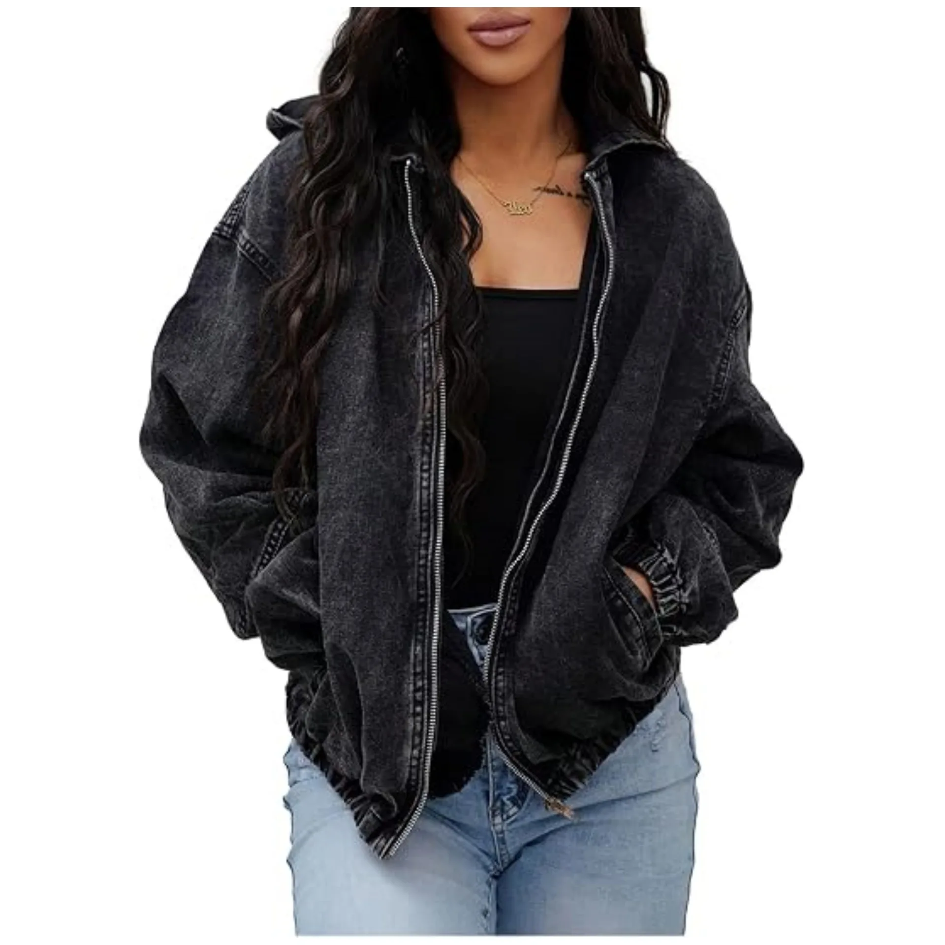 Hooded Denim Coat Women Coats Zipper Short Jackets Elastic Hem Full Sleeve Vintage Washed Y2k Streetwear Work 2026 Autumn Winter