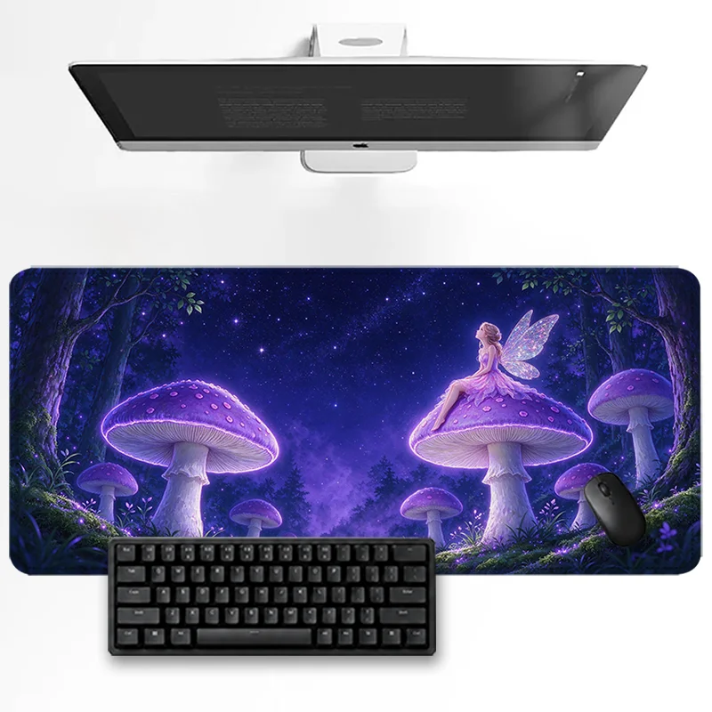 Magical Forest Fairy Desk Pad Giant Mushroom Art Mouse Pad Glowing Lantern Fireflies Non Slip Rubber Base for Gaming Office Work