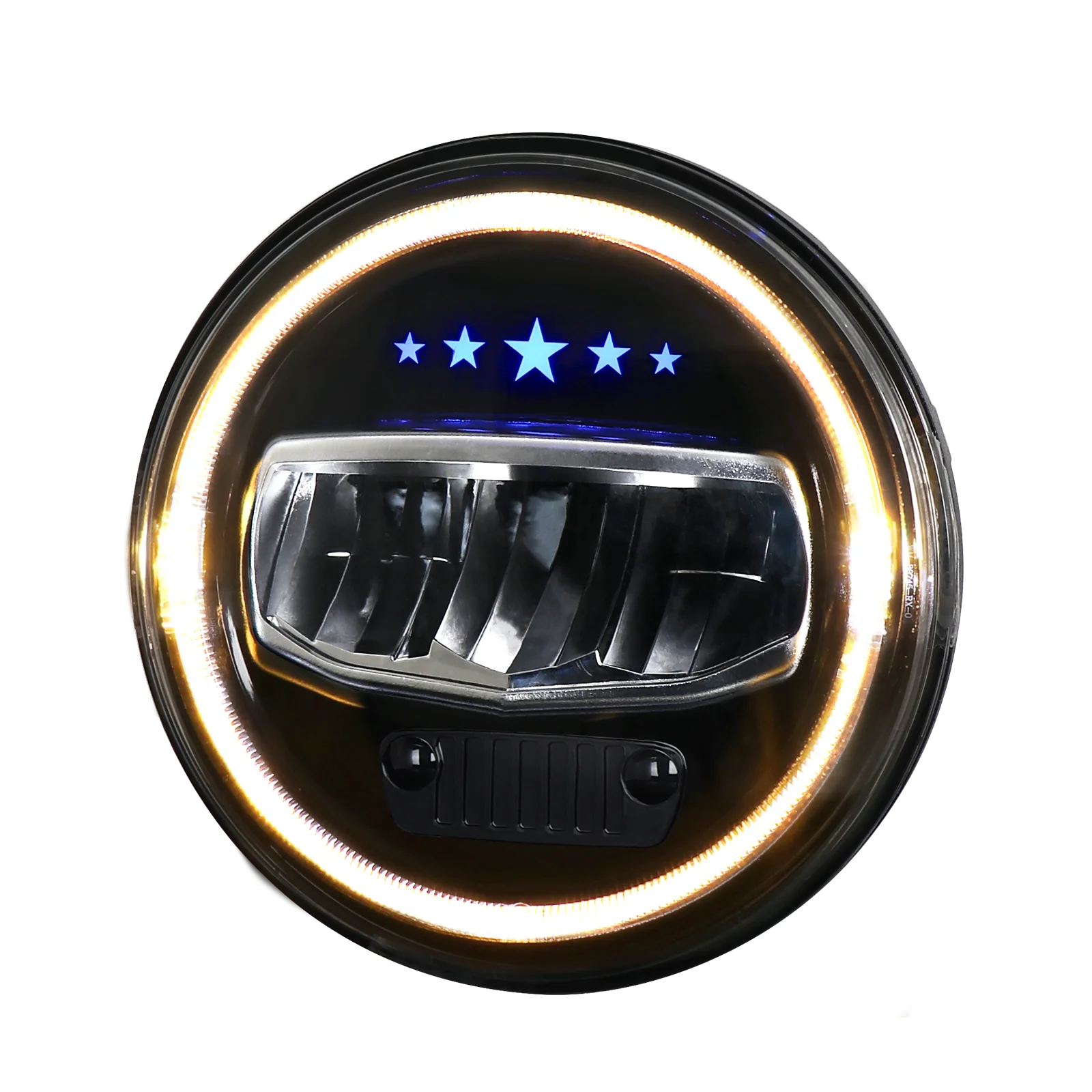 

Perfect most popular 60W 7 inch Round LED Headlight with startup Blue light andd blue 5 stars for Jeeps and motorcycle