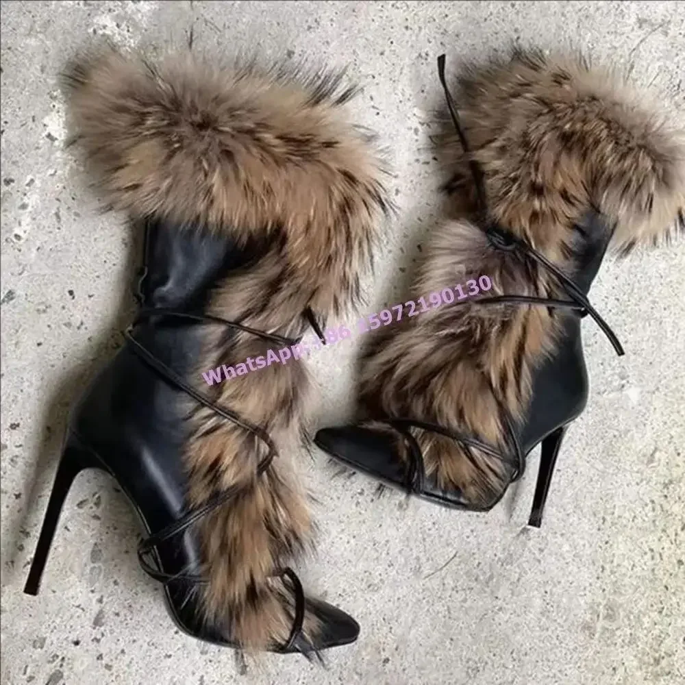 

Black Leather Brown Furry Winter Soft Warm Pointy Toe Lace Up Luxury Mid Calf Boots Sexy Fashion Runway Leather Hotties Shoes