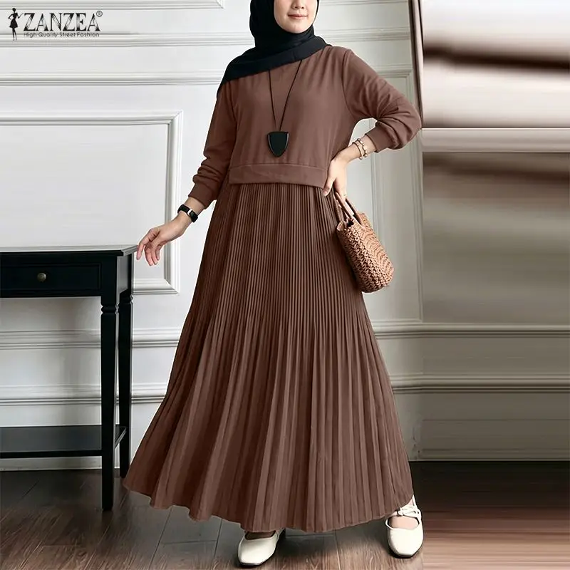 ZANZEA Muslimisches Bescheidenes Plissee-Maxikleid für Damen mit O-Ausschnitt, Langen Ärmeln, Patchwork-Design, Lose Abaya-Robe, Islamisches Hijab-Kleid für Ramadan und Eid, Kaftan
