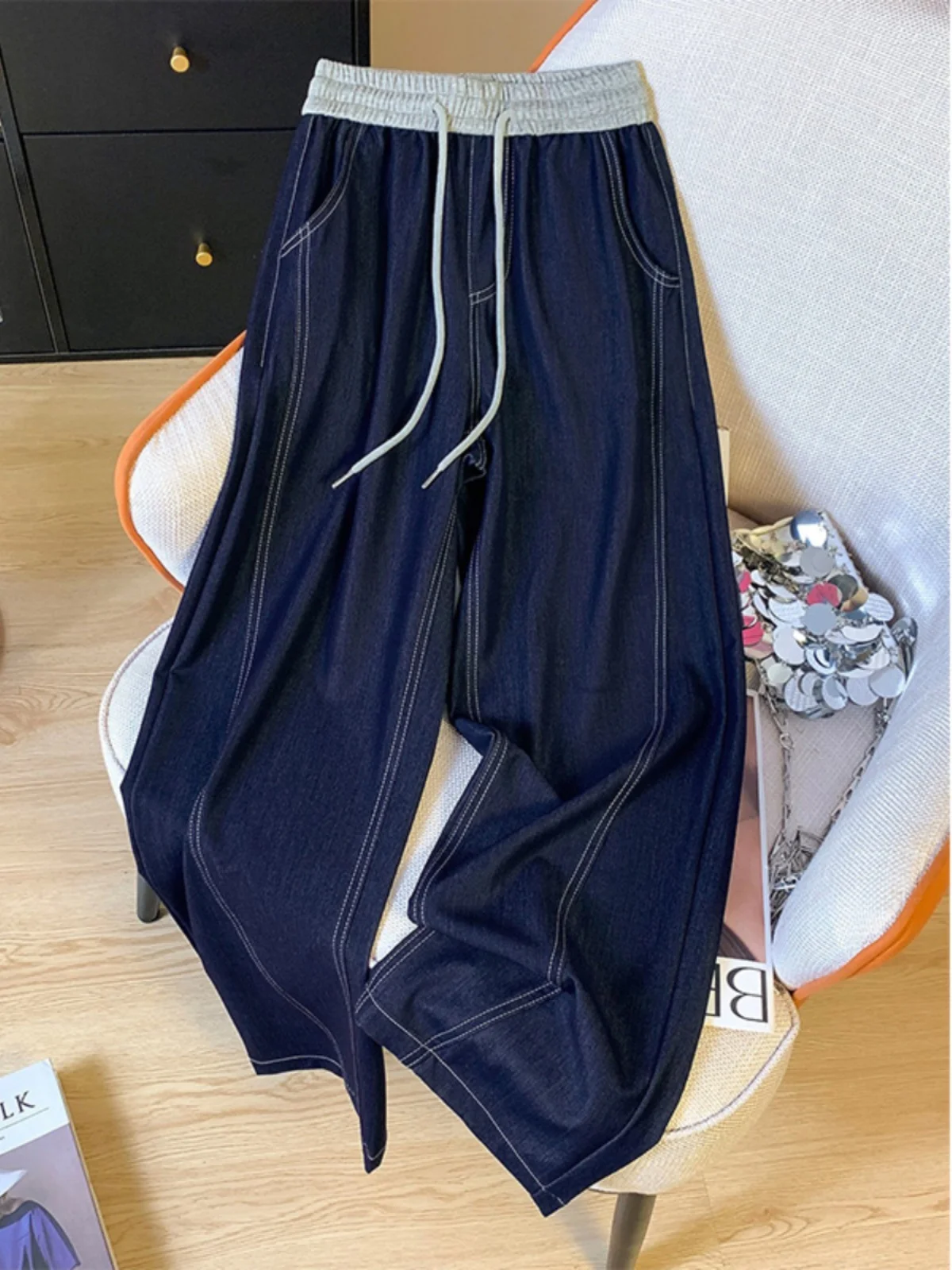 Retro Hong Kong Sle Gamba dritta Lyocell Denim Jeans Estate da donna Sottile elastico in vita Dstring Casual Pantaloni a gamba larga stretta