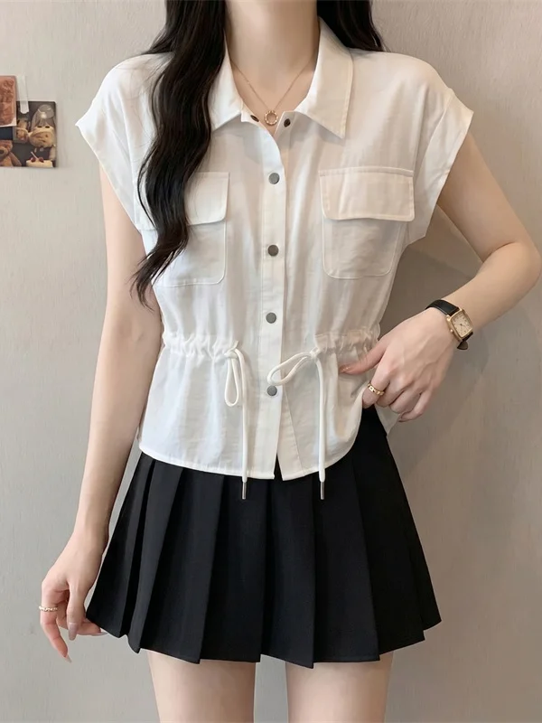Women's Short Sleeve Shirt Double Pocket Drawstring Base Layer Workwear Slimming Design Summer 2026 plus Size Fashion
