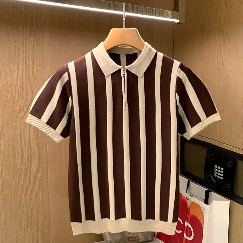 

Вязаная футболка с короткими рукавами контрастного цвета в полоску на молнии, мужской нишевый универсальный повседневный топ