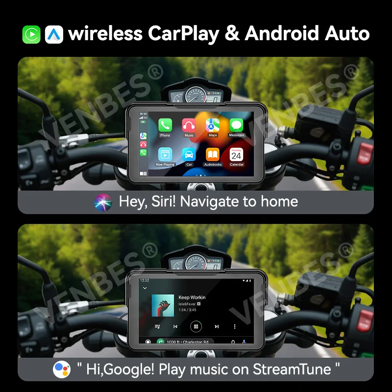 VENBES 5 بوصة دراجة نارية الملاحة اللاسلكية CarPlay Android Auto IPX7 شاشة موتو مراقب المحمولة