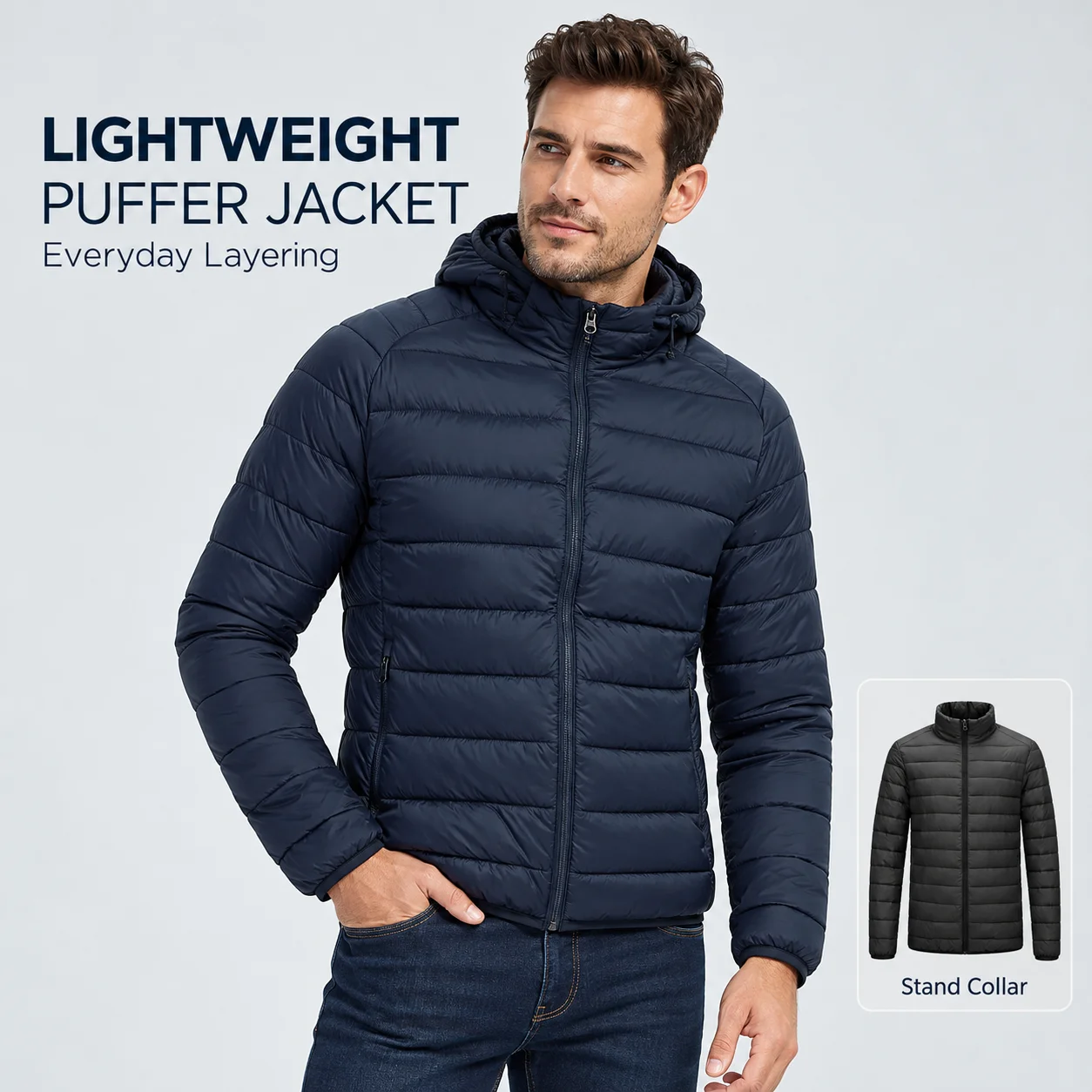 Men's Lightweight Puffer Jacket Hooded or Stand Collar Quilted Padded Coat Full Zip with Pockets Autumn Winter Outerwear