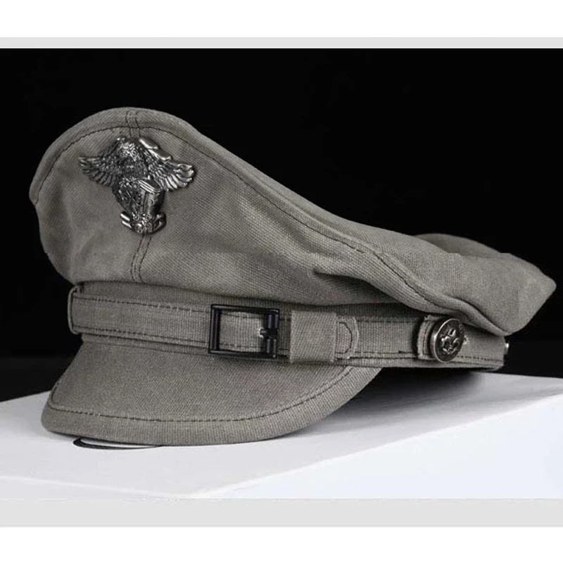 Retro American Navy Peaked Sailor Cap Men Women Summer Beret Hat Male Canvas Grey Eagle Belt Locomotive German Captain Casquette