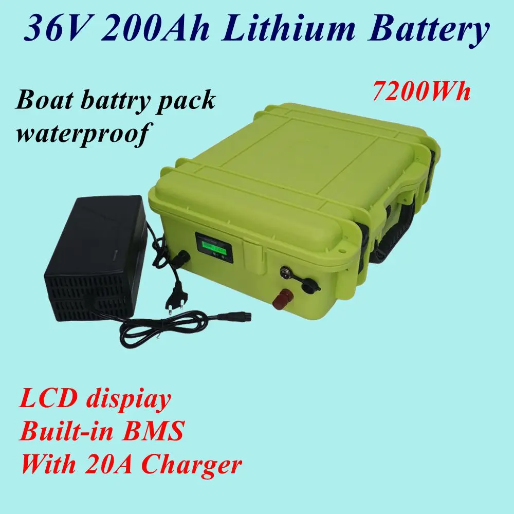 Waterproof  36V 200Ah lithium battery pack  with BMS 4000W for trolling motor Tow fishing boat112 pound marine thruster +Charger