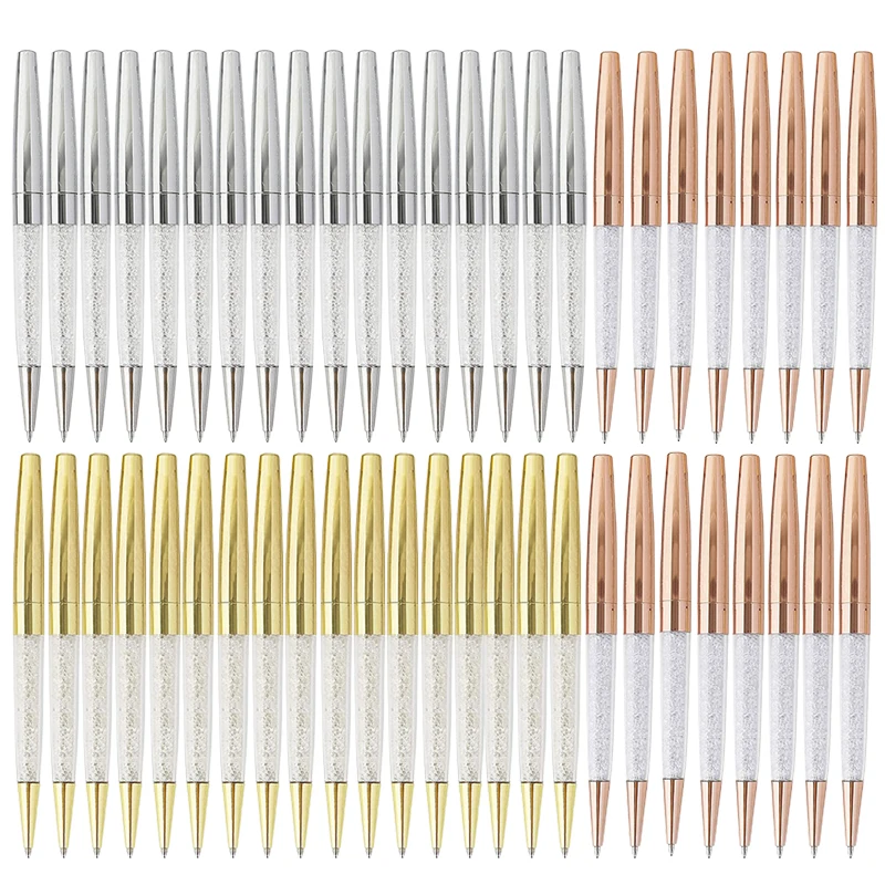 

50Pcs Rose Gold Pen Bling Diamond Pens Fine Black Ink Crystal Ballpoint Pen Ring Wedding Office Metal Roller Ball Pen Gift