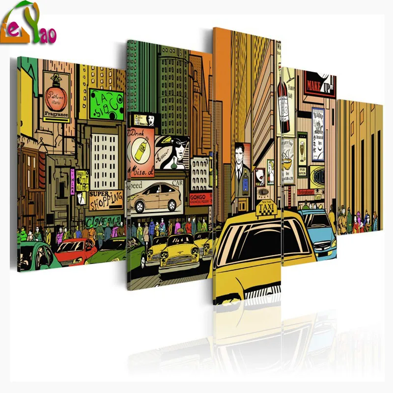 5 Pieces THE STREETS OF NEW YORK CITY IN CARTOONS diamond painting mosaic Diamond embroidery full square round drill home decor