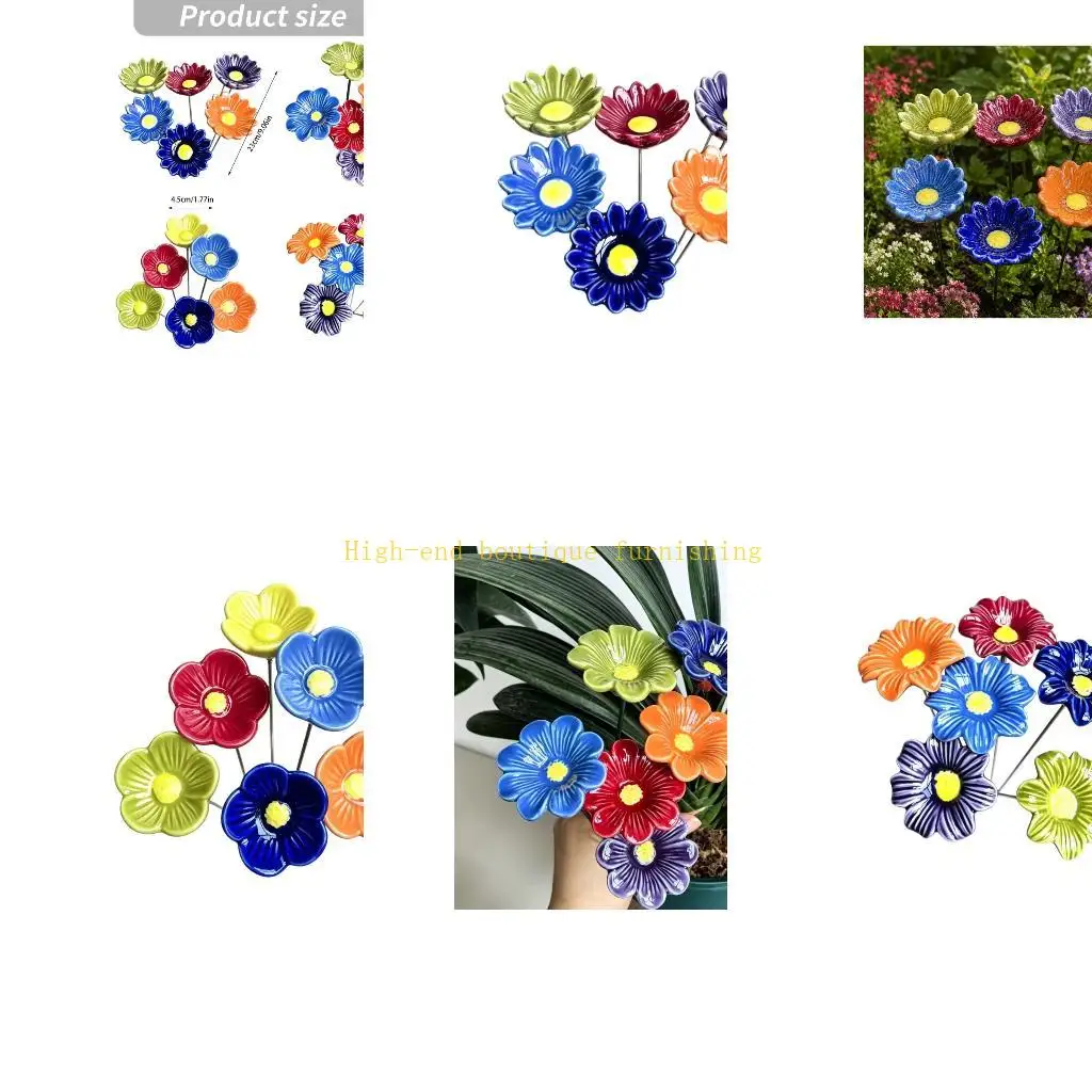 L9NB Ceramic Flower Drink Stakes Set of 6, Bird Water Cups for Backyard Soil, Balcony Pots and Garden Resting Spots