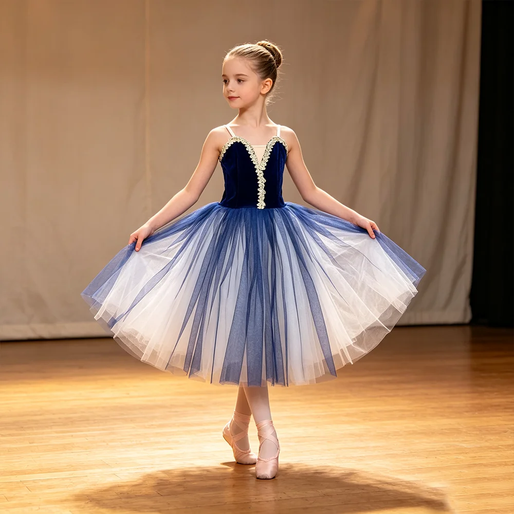 Blaue Ballett-Tutu-Röcke Kinder-Aufführungskostüme Tanz Langes Romantisches Tutu-Ballettkleid für Mädchen A-Linien-Gaze-Tüllrock