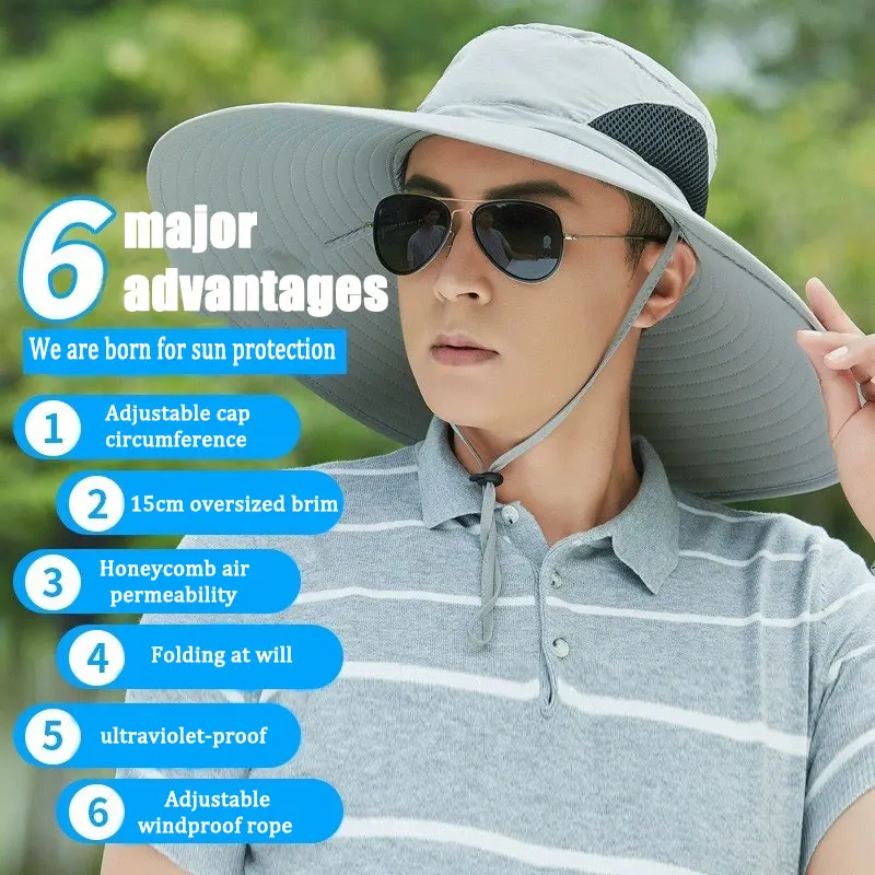 15CM Large Brimmed Hat for MEN\'S Outdoor Sunshade and Sunscreen Hat, Mountaineering and Fishing Sunshade Hat, Quick Drying Hat