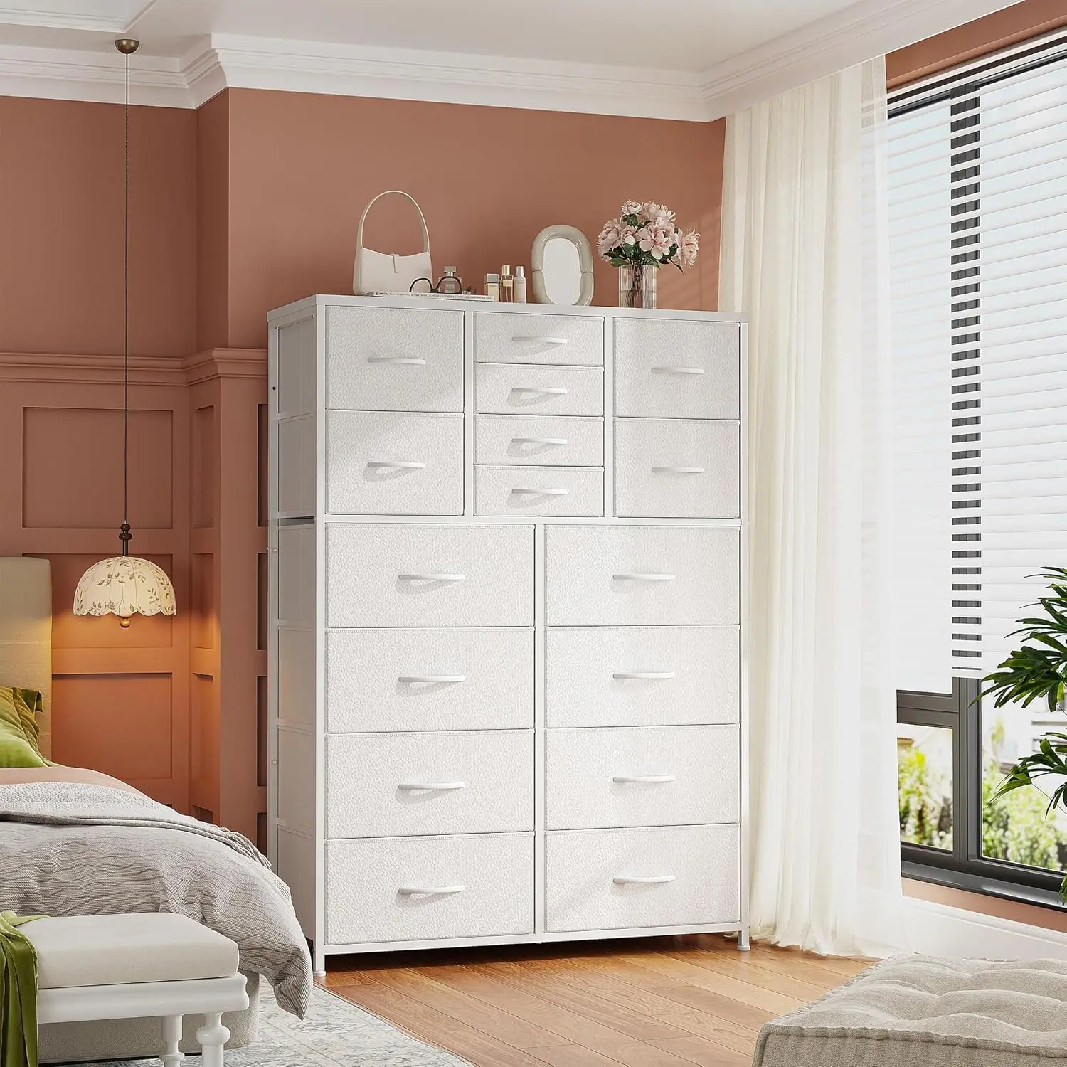 White Dresser,Dresser for Bedroom with 16 Drawers, Tall Dressers & Chests of Drawers with Wood Top, Metal Frame,Tall Dre