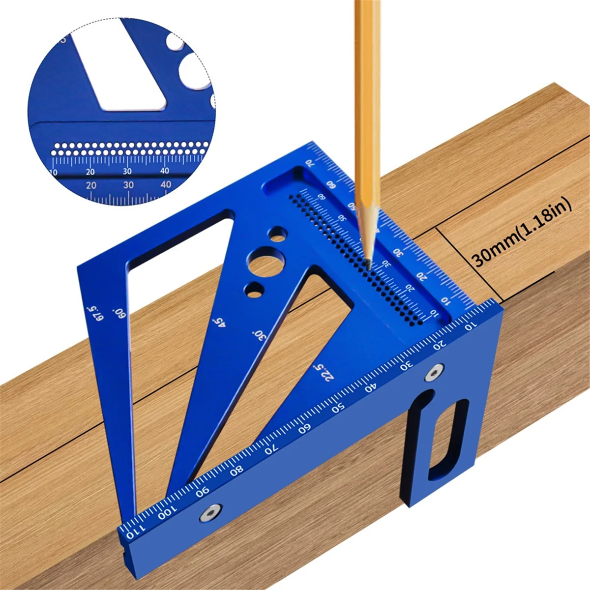 22.5/30/45/60/67.5/90 Degree Square Ruler Protractor, Multi-Angle 3D Measuring Ruler,Wood Carpenter Crafting Color: Blue