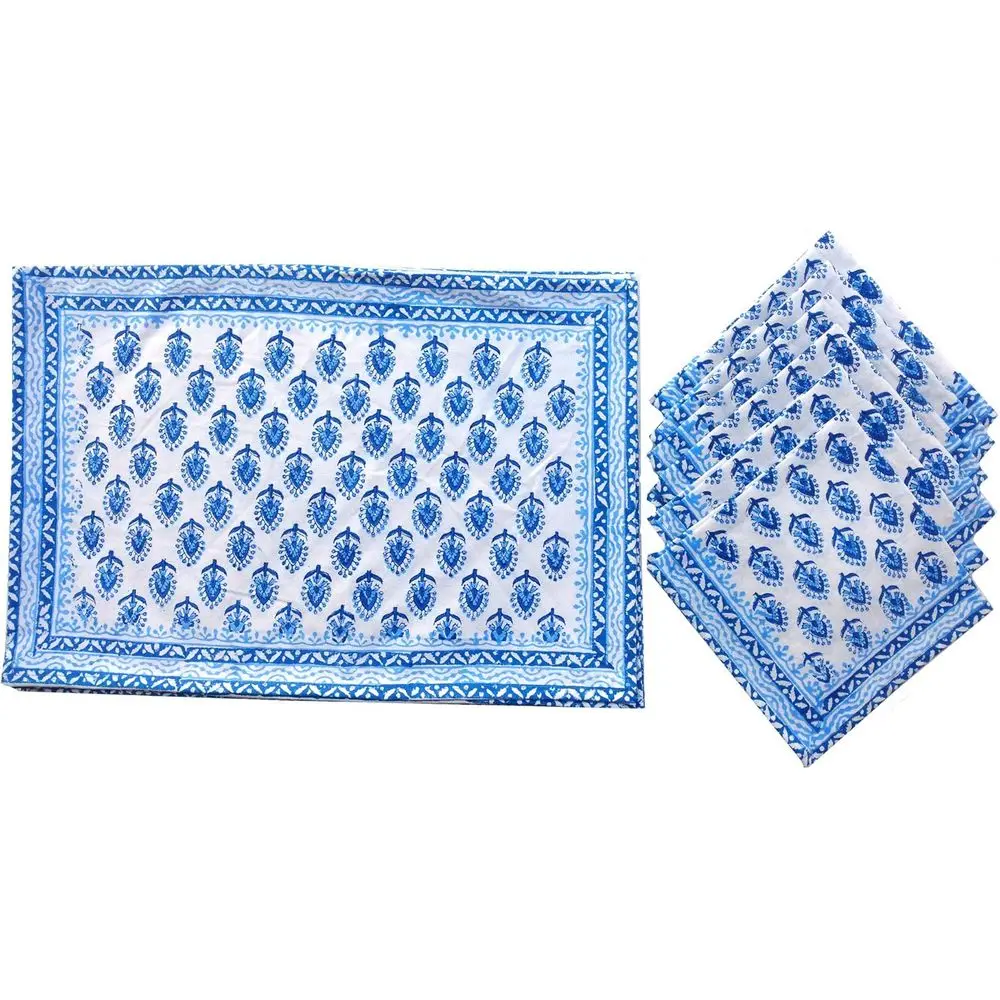

100% Cotton Indian-Themed Table Mats and Napkins Set for 6 with Blue Runners