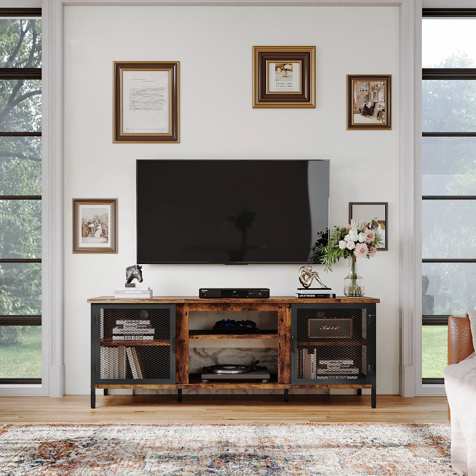 

#Modern Design Solid Mango Wood Sliding Door With 2 Storage Drawers Antique Iron Finish TV Stand for Bedroom or Living Room