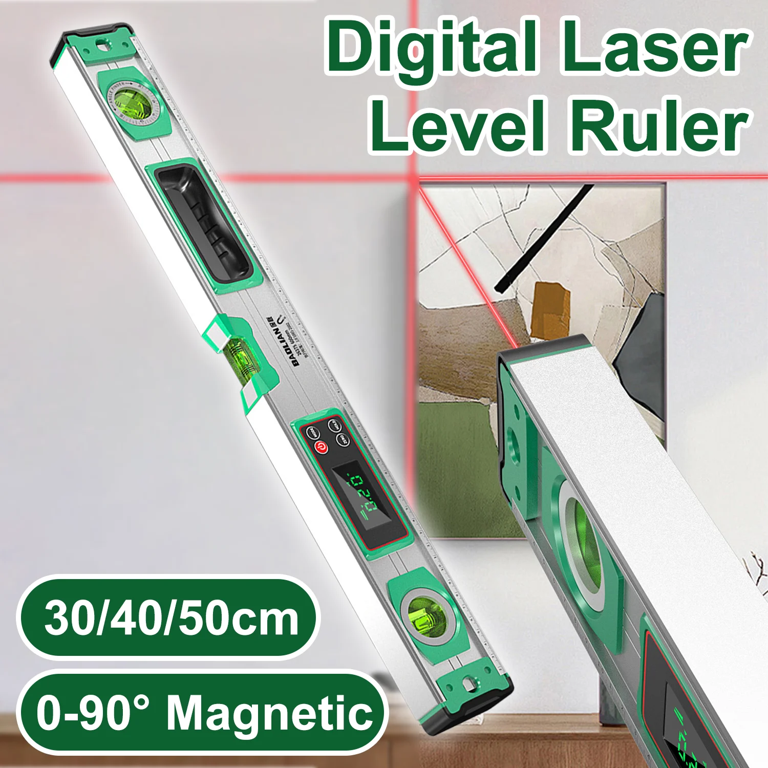 Transportador de regla de nivel láser digital de 30/40/50 cm 0-90 ° Buscador de ángulo magnético, inclinómetro de aluminio de precisión, herramientas de carpintería