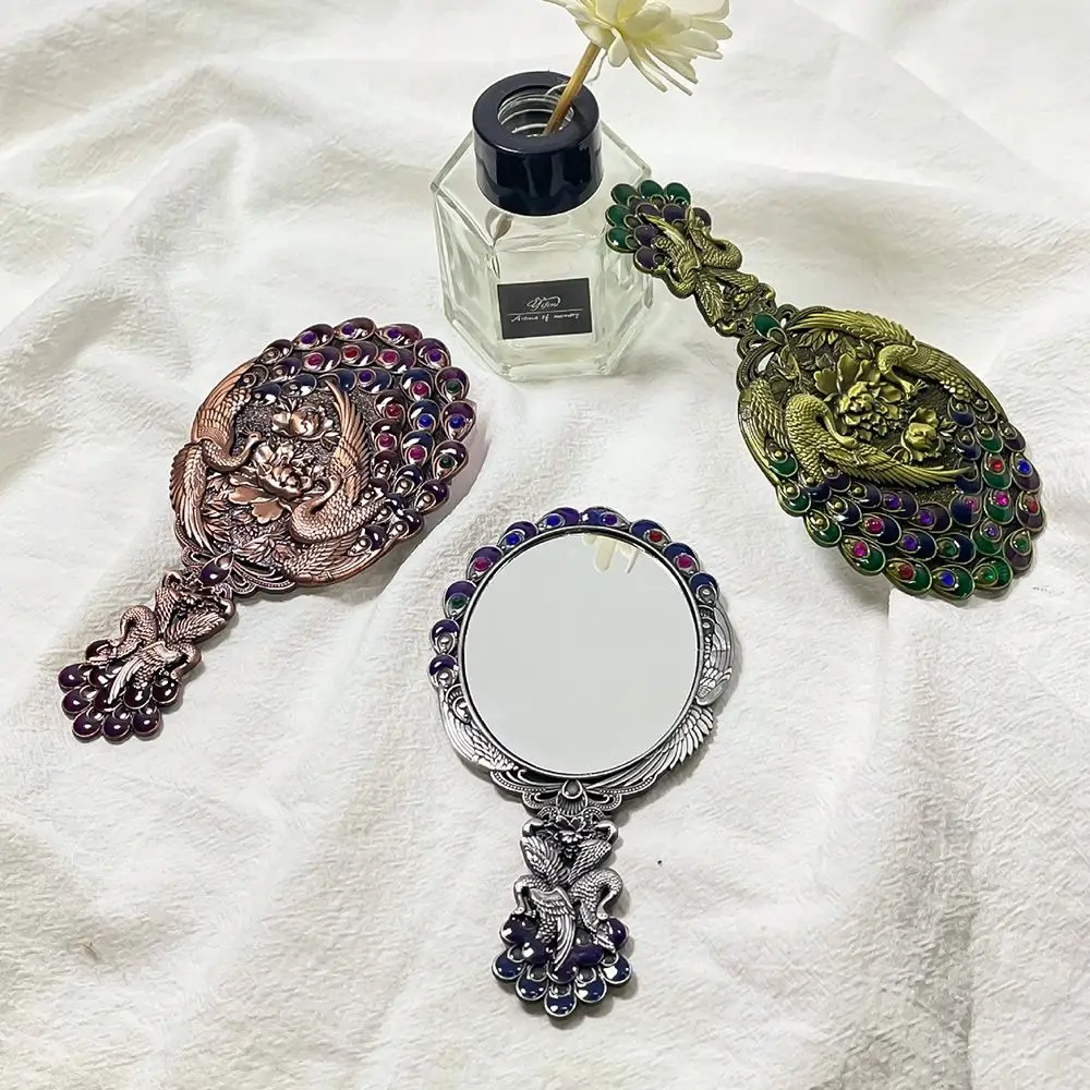Peacock Open Screen Retro Small Mirror with Metal Handle Vintage Makeup Mirrors Comb Set Portable Handheld