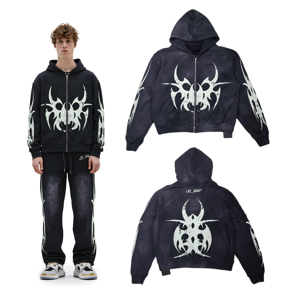 Y2k Streetwear American Fashion Graphic Zip Up Hoodies Hip Hop Street Style Cotton Retro Distressed Printed Casual Hoodies Men's